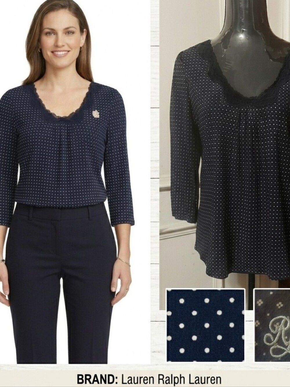 Lauren Ralph Lauren Navy Polka Dot Lace Scoop Neck Blouse M